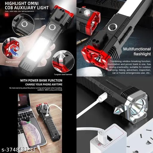 All-in-One Rechargeable LED Flashlight with Ultra-Bright Torch, Power Bank, Magnetic Base and Emergency Safety Hammer