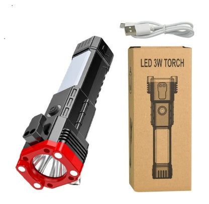 All-in-One Rechargeable LED Flashlight with Ultra-Bright Torch, Power Bank, Magnetic Base and Emergency Safety Hammer