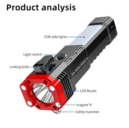 All-in-One Rechargeable LED Flashlight with Ultra-Bright Torch, Power Bank, Magnetic Base and Emergency Safety Hammer