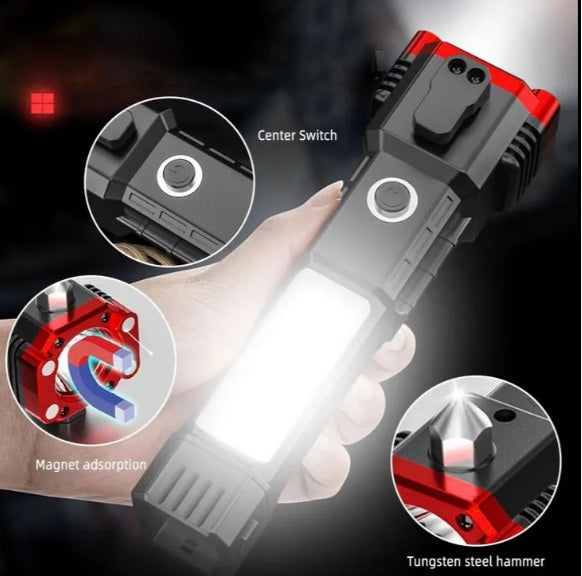 All-in-One Rechargeable LED Flashlight with Ultra-Bright Torch, Power Bank, Magnetic Base and Emergency Safety Hammer