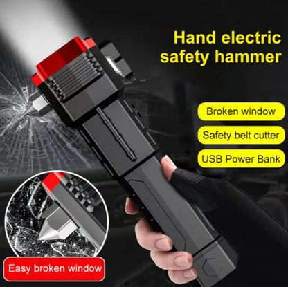 All-in-One Rechargeable LED Flashlight with Ultra-Bright Torch, Power Bank, Magnetic Base and Emergency Safety Hammer