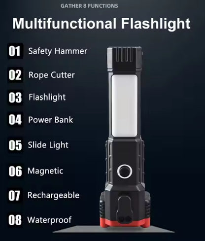 All-in-One Rechargeable LED Flashlight with Ultra-Bright Torch, Power Bank, Magnetic Base and Emergency Safety Hammer